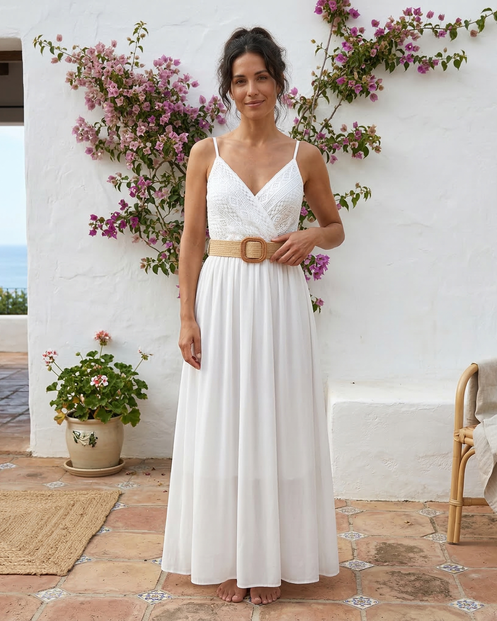 Elena | Vestido largo liso con pecho de encaje